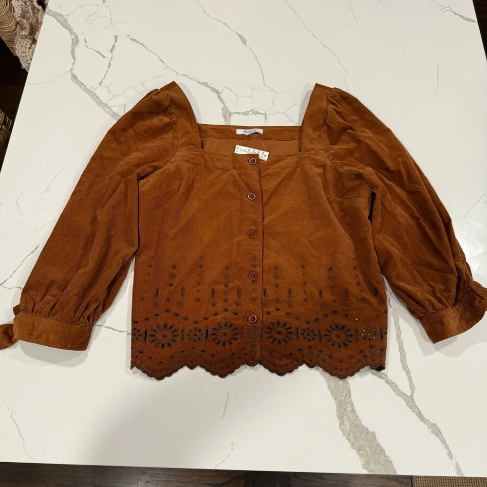 Madewell, Eyelet Embroidered Fine-Wale Corduroy Top, Size Medium NWT